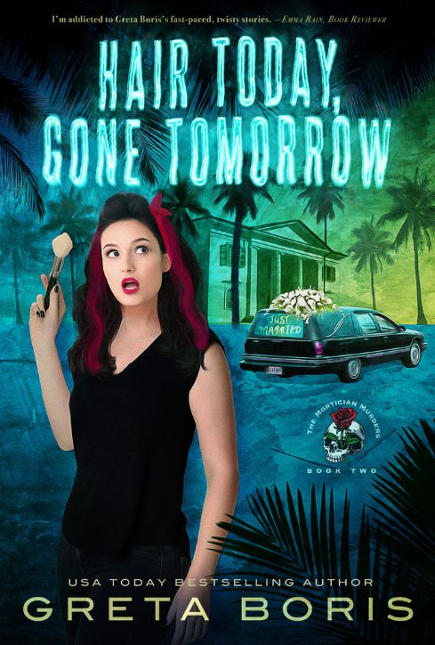 book cover - dark-haired woman in black dress holding a makeup brush with a hearse with the words 'just married' to the right