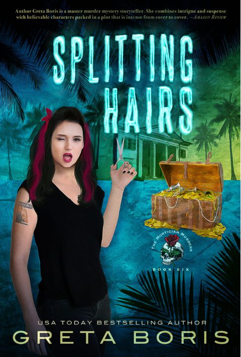 book cover - dark-haired woman in black dress holding hairdresser scissors with an open treasure chest to the right