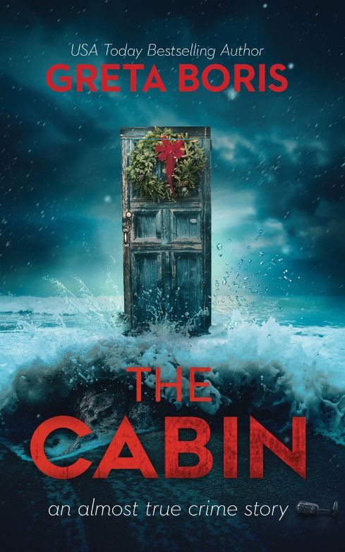 book cover, weathered blue paneled door with christmas wreath splashed by waves against a dark gloomy sky