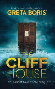 book cover, paneled wood door with small window splashed by waves against a dark gloomy sky