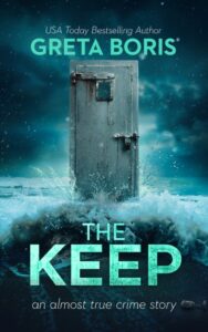 book cover, old iron prison cell door splashed by waves against a dark gloomy sky