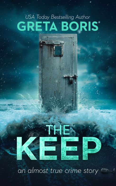 book cover, old iron prison cell door splashed by waves against a dark gloomy sky