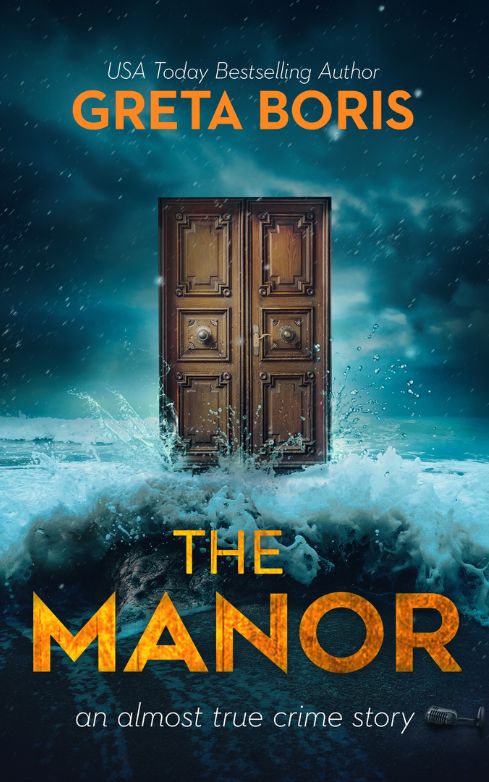 book cover, old carved wooden door with two door knobs splashed by waves against a dark gloomy sky