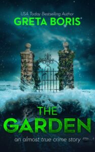 book cover, wrought iron garden gate between two stone pillars splashed by waves against a dark gloomy sky